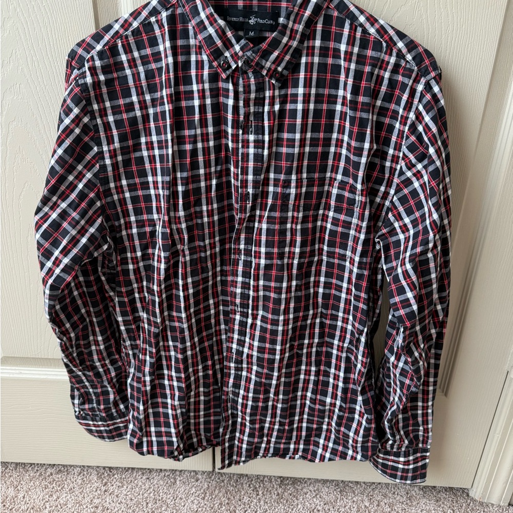 Beverly Hills Polo Club Black and Red Casual Button Down Shirt